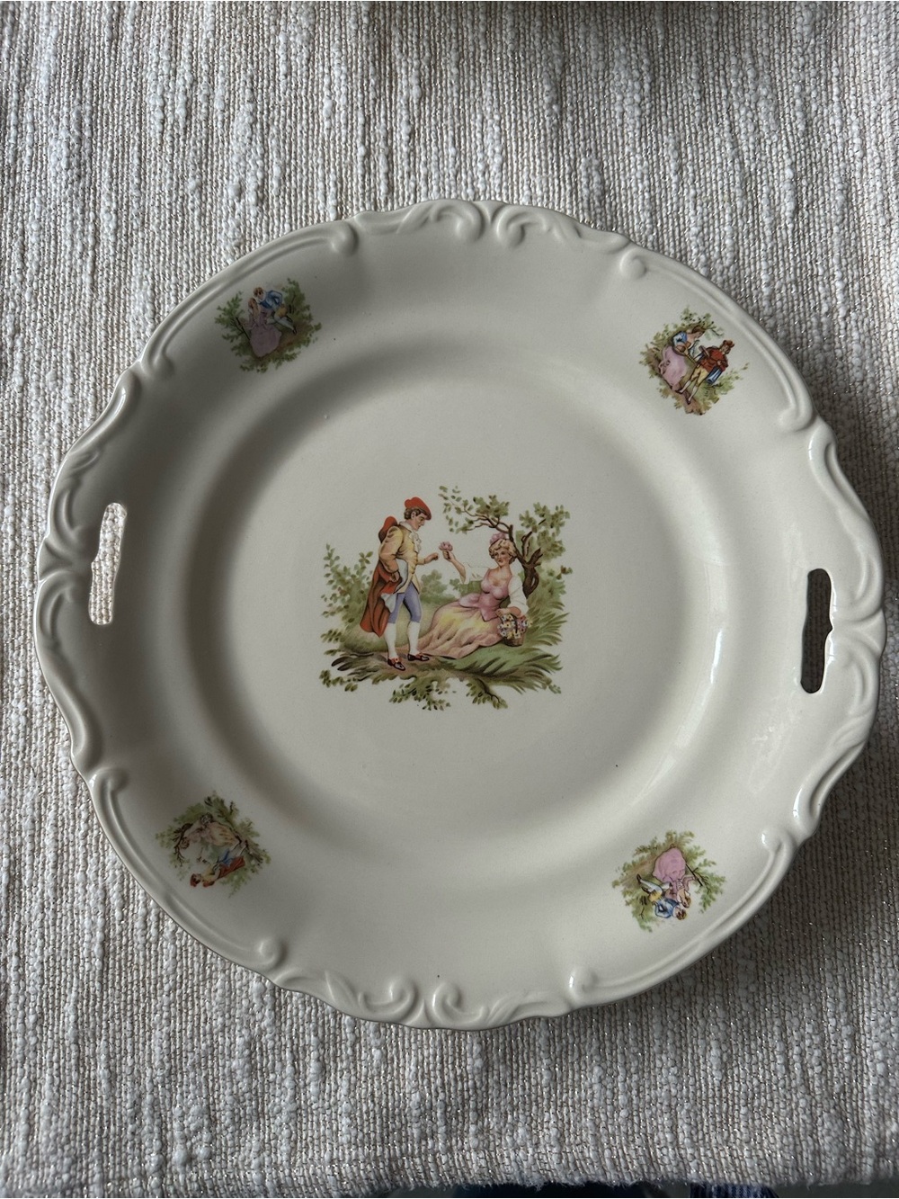 Cream Porcelain Decorative Serving Platter with Pastoral Figures